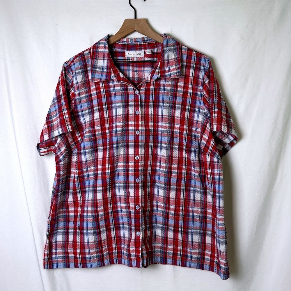 Breckenridge Women Plaid Button Down Short Sleeve Shirt Size 3X Red White Blue